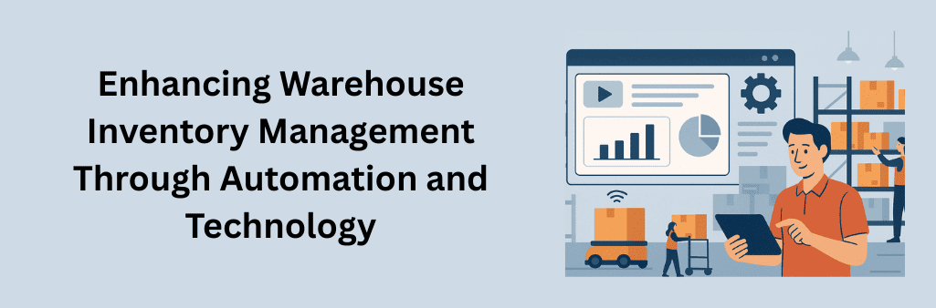 Warehouse worker using a tablet, robot moving boxes, inventory dashboard with charts, and shelves being organized by a female staff member.