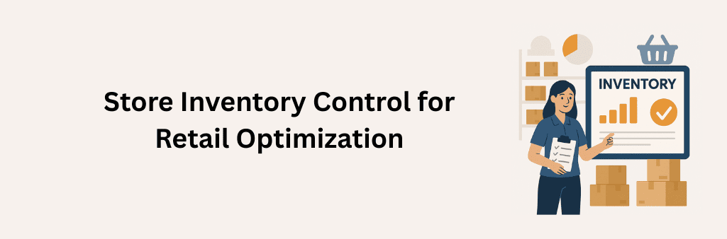 Female employee with checklist standing next to inventory dashboard showing bar chart and checkmark, surrounded by shelves and boxes.