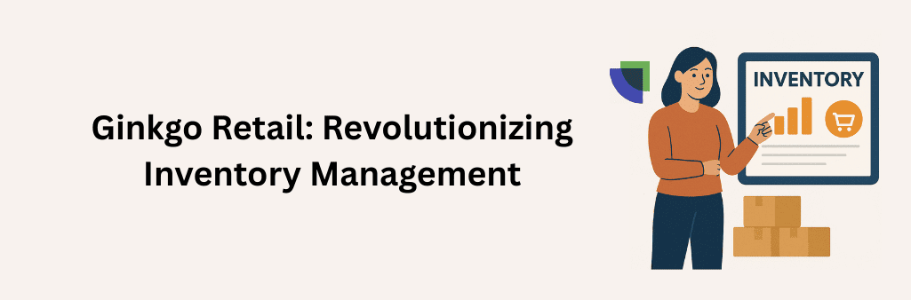 Woman pointing at the inventory dashboard with a bar chart and shopping cart icon, surrounded by boxes and ginkgo leaves.