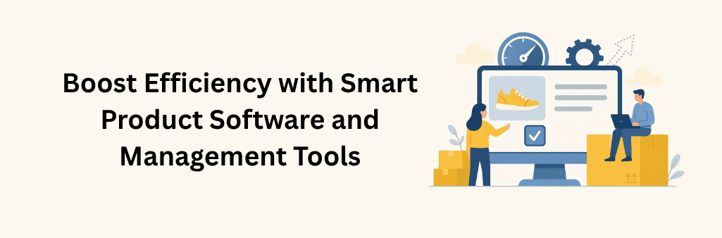 Woman pointing at product software dashboard on screen, man working on laptop over inventory boxes, with speed and gear icons above.