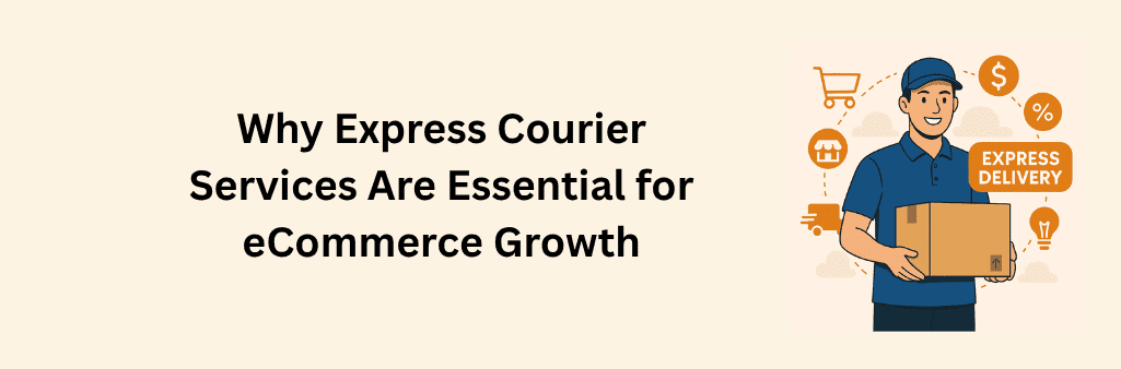 A smiling courier in a blue uniform holds a package, surrounded by orange icons of a shopping cart, dollar sign, delivery van, store, and lightbulb with the label "Express Delivery