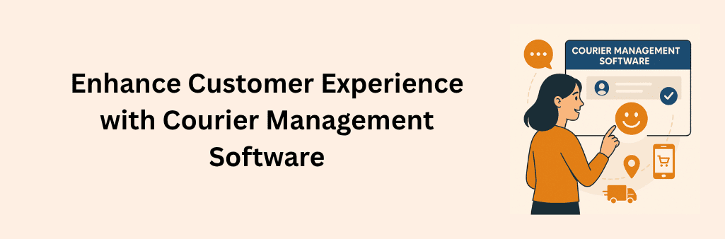 A woman points to a smiley face on a courier management software interface, surrounded by icons of a delivery truck, location pin, mobile shopping app, and chat bubble.