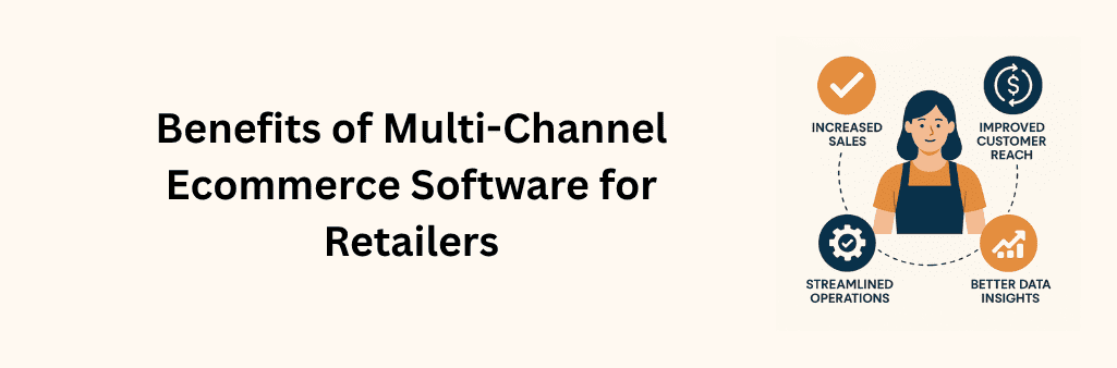 Female retailer surrounded by icons representing increased sales, improved customer reach, streamlined operations, and better data insights