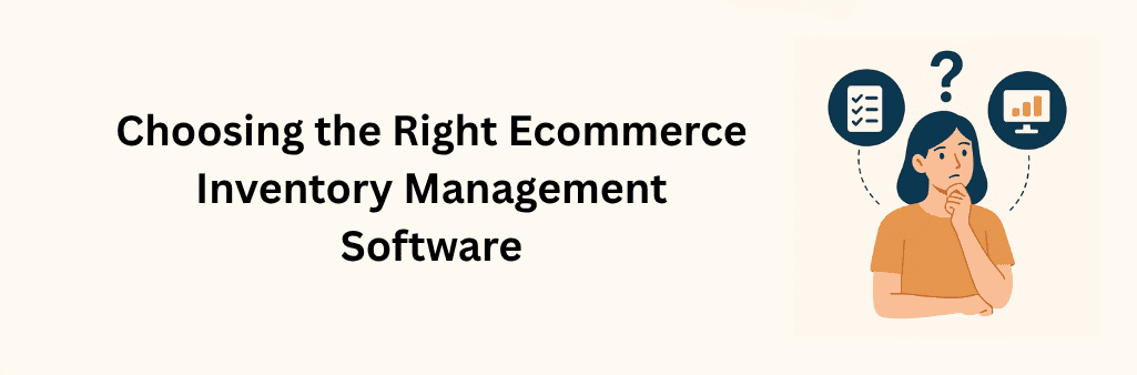 Confused woman with question mark above head, thinking between checklist and data chart icons, representing ecommerce inventory software choices