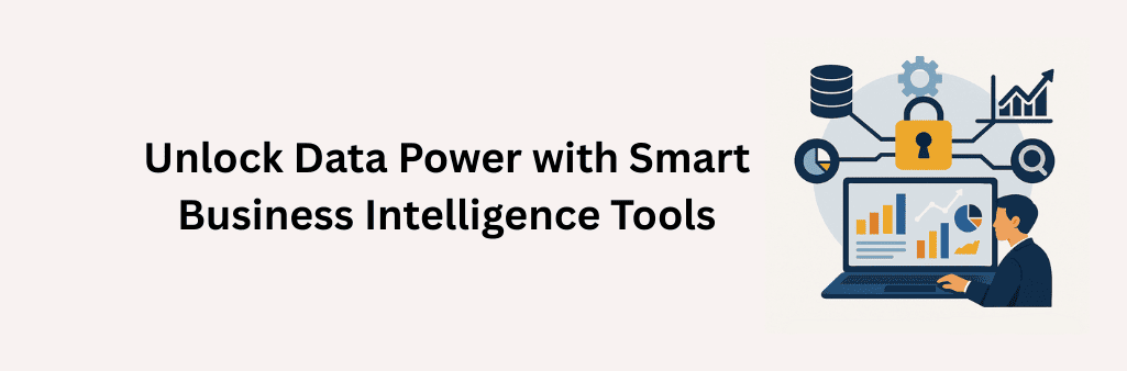 Man using laptop with data charts, surrounded by icons for database, security, analytics, and search, representing business intelligence tools.