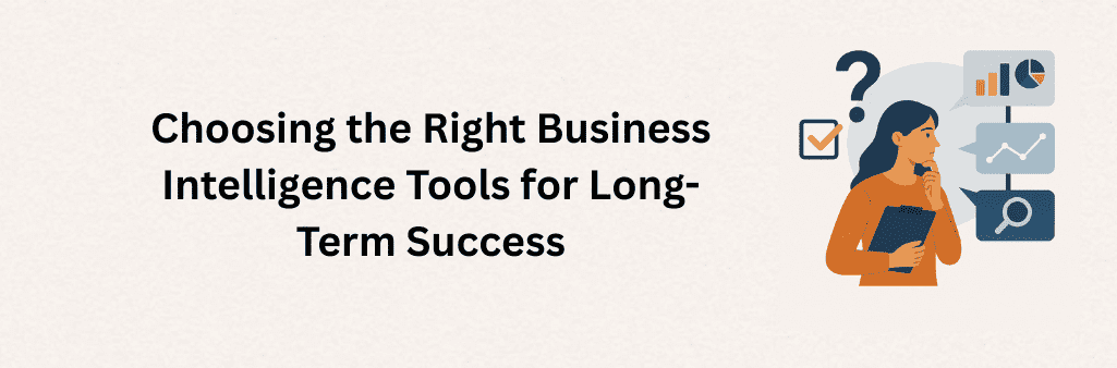 Woman holding clipboard choosing BI tools with charts, graphs, and search icons