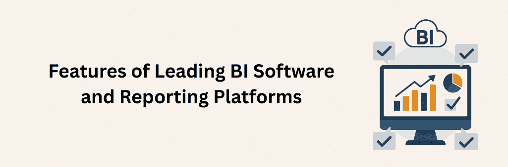 BI dashboard with bar and pie charts on monitor, surrounded by checkmark icons and cloud BI symbol.