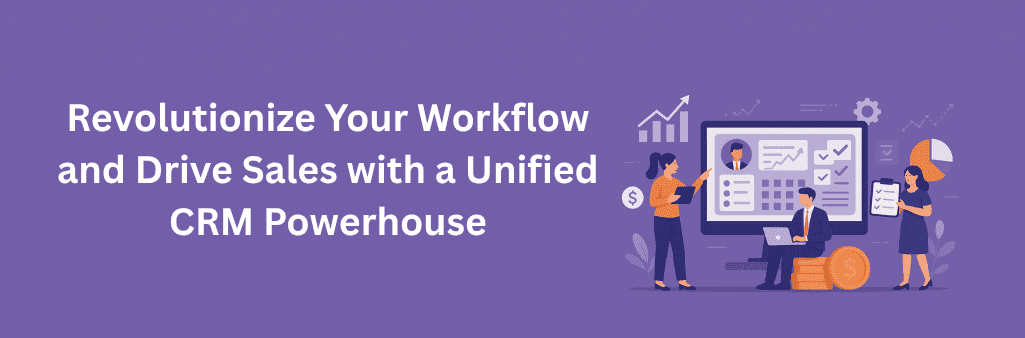 People using All-in-One CRM dashboard with graphs, checklist, and money icons on purple background