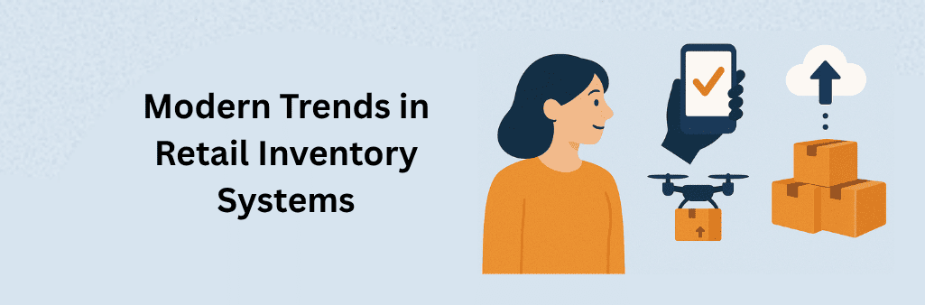 Illustration of a woman with icons of mobile checkmark, cloud upload, drone delivery, and inventory boxes