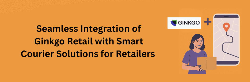 Woman with box beside Ginkgo Retail logo and app