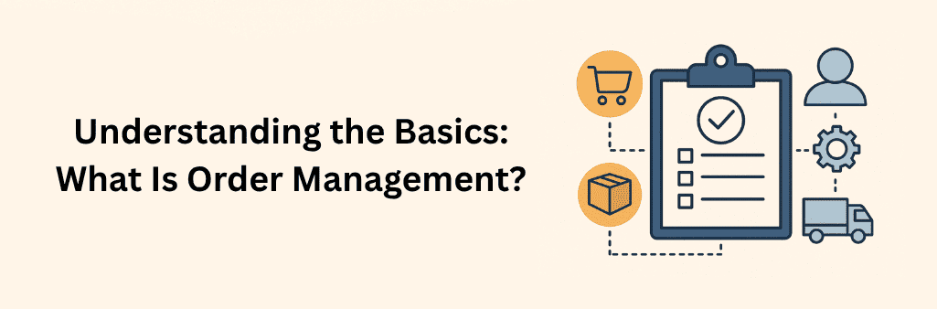 Clipboard with checklist representing order management, surrounded by icons for shopping cart, user, box, delivery truck, and gear connected by dotted lines