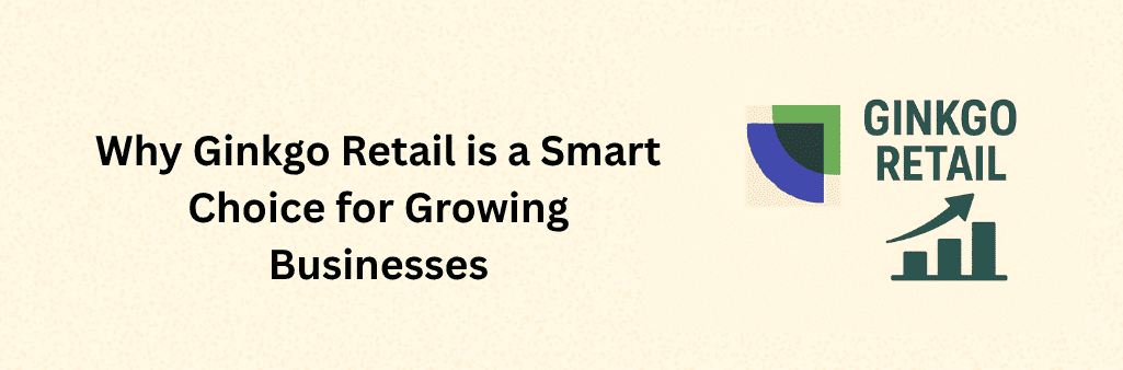 Ginkgo Retail logo with ginkgo leaf, upward arrow, and bar chart on beige background.