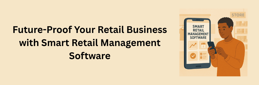 A man using a smartphone in a retail store with a large screen showing smart retail management software