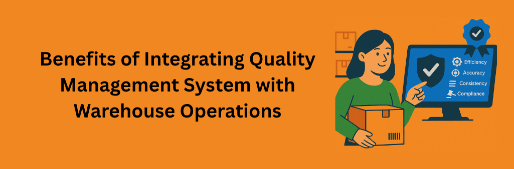 Woman with box beside monitor displaying quality integration benefits