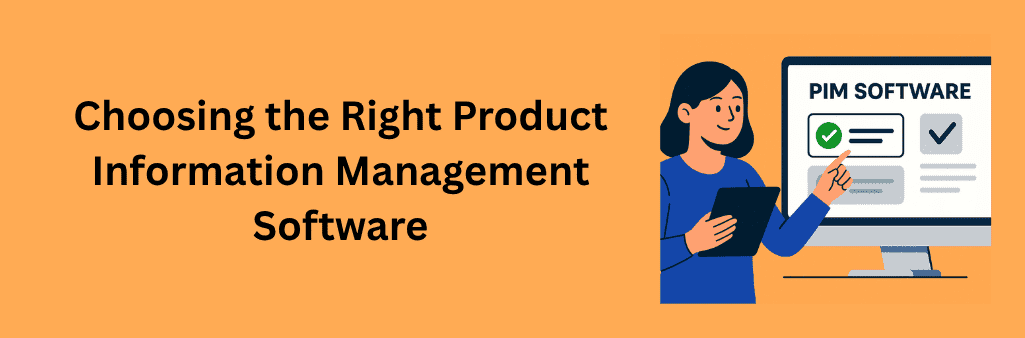 Woman pointing at computer screen with PIM software options