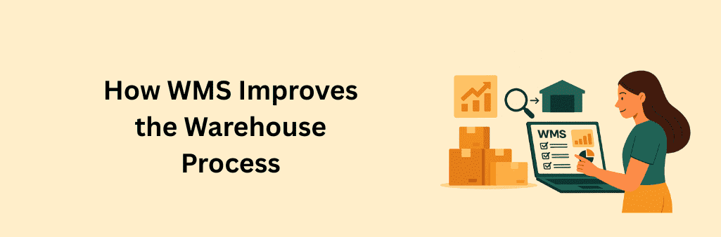 Woman analyzing data on a laptop with charts and checklists, surrounded by stacked boxes, an icon, a magnifying glass, and an upward growth chart, representing process improvement