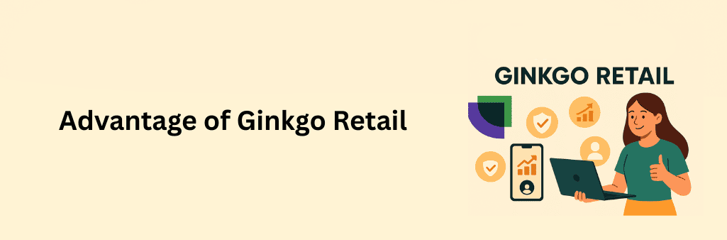 {Alt Text: Illustration of a smiling woman holding a laptop and giving a thumbs-up, with the Ginkgo Retail logo, growth and security icons, and a smartphone graphic, representing the advantages of Ginkgo Retail.