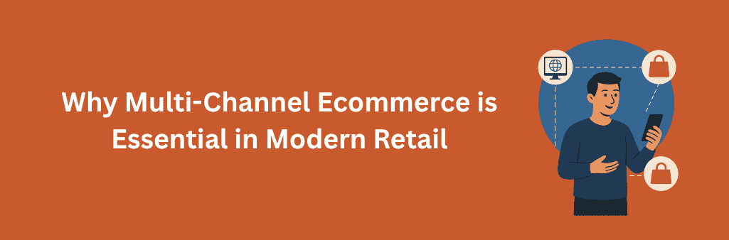 Man holding smartphone surrounded by ecommerce icons on an orange and blue background.