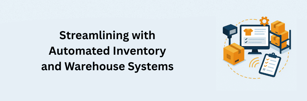 Monitor, barcode scanner, clipboard, and boxes representing automated inventory and warehouse systems