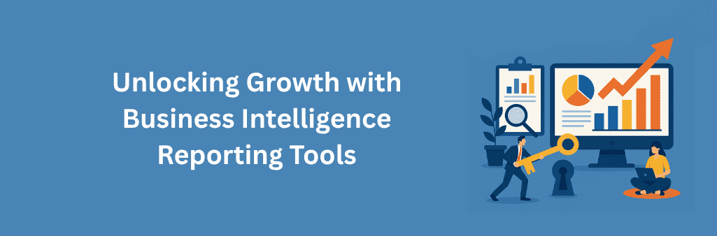 Man unlocking data insights with a golden key in front of a computer screen displaying colorful business intelligence graphs and charts