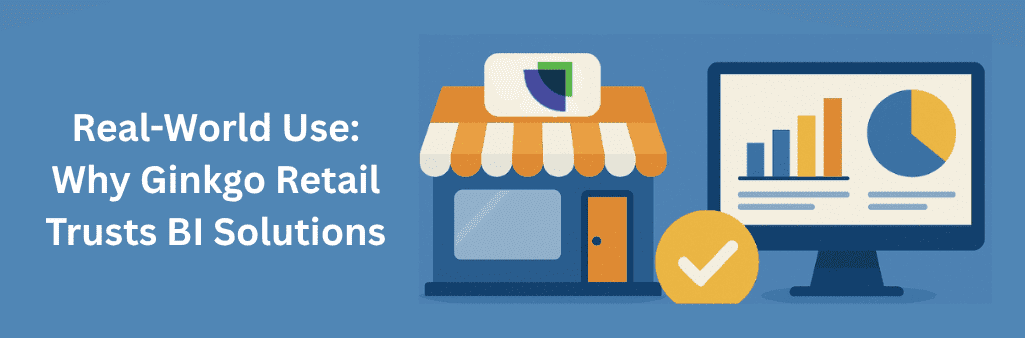 Ginkgo Retail storefront beside BI dashboard with bar and pie charts, connected by a golden checkmark symbolizing trust