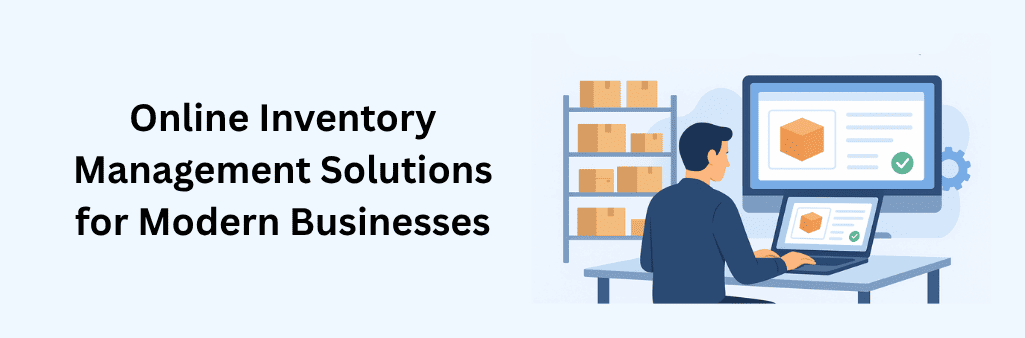 Person working on a laptop and desktop displaying a product box with a checkmark, with warehouse shelves filled with cardboard boxes in the background