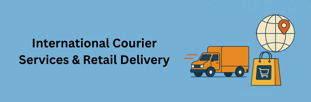 Orange delivery truck, globe with location pin, and shopping bag icon representing international courier services and retail delivery
