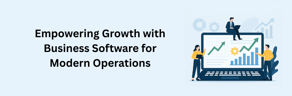 Business professionals interacting with a laptop displaying growth charts and gear icons, symbolizing modern business software for operational growth