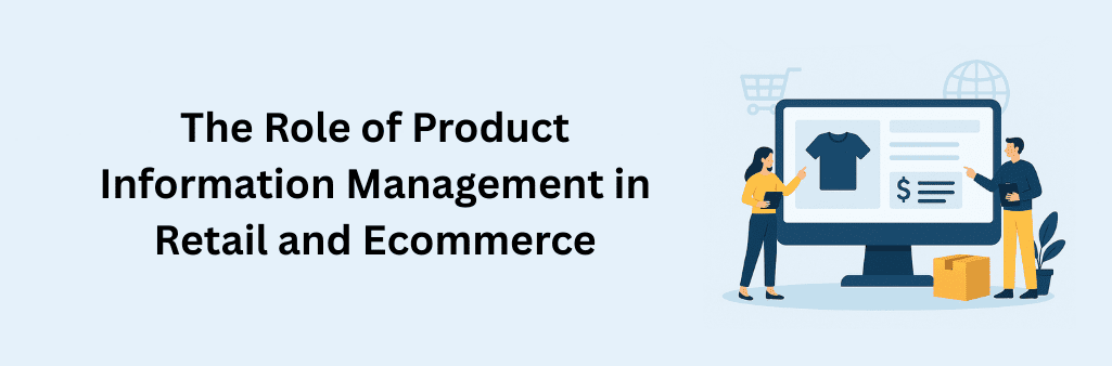 Two professionals reviewing product details on a large monitor displaying a shirt, price tag, and text fields, with a cardboard box and shopping cart icon symbolizing retail and ecommerce