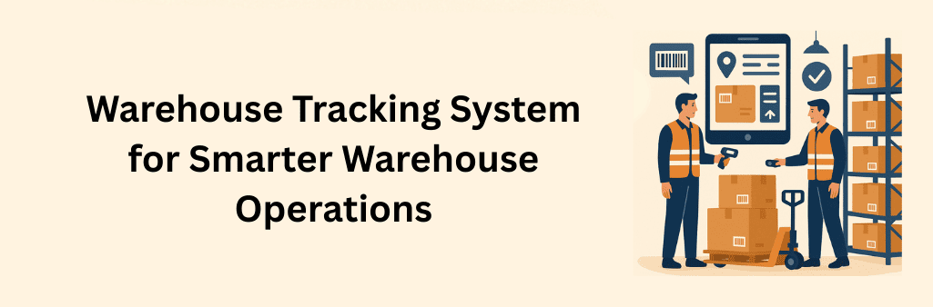 Flat design illustration of a warehouse tracking system showing two workers scanning boxes with a digital tracking dashboard, shelves of packages, and smart warehouse operations concept