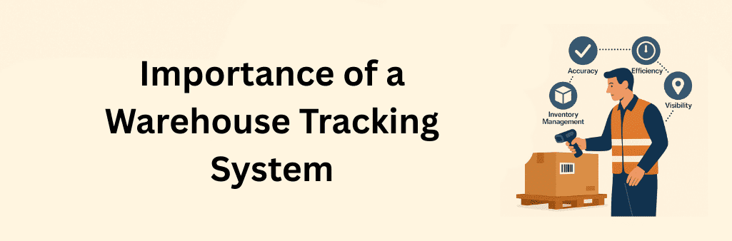 Flat design illustration showing the importance of a warehouse tracking system, with a worker scanning a box and icons representing accuracy, efficiency, inventory management, and visibility