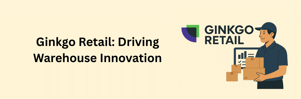 Flat design illustration featuring Ginkgo Retail logo on the left and a warehouse worker holding boxes on the right, with a digital dashboard in the background