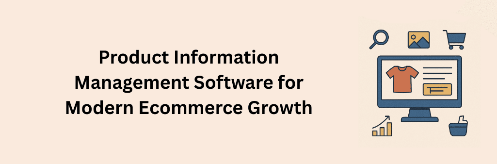 Flat-style infographic of product information management software for modern ecommerce growth, showing centralized product data on a monitor with T-shirt icon, surrounded by shopping cart, analytics, magnifying glass, and cloud integration visuals