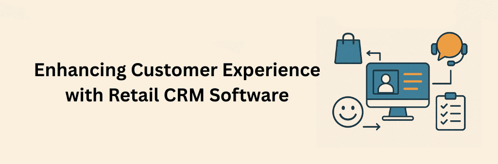 Infographic showing how software enhances customer experience with icons of a shopping bag, smiling face, customer profile on a computer screen, headset with chat bubble, and checklist.