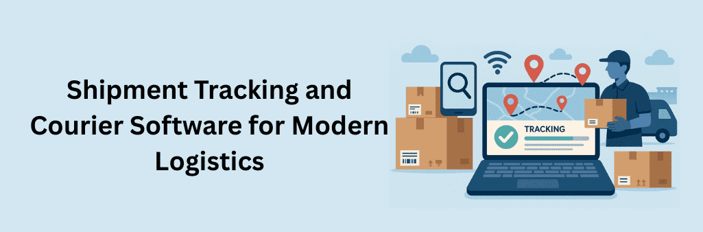 Illustration of shipment tracking and courier software for modern logistics, featuring a laptop with a tracking map, delivery boxes, smartphone with magnifying glass, courier holding a package, and delivery truck in the background