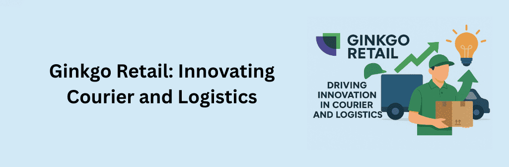 Illustration of Ginkgo Retail driving innovation in courier and logistics, featuring the Ginkgo Retail logo, courier holding a package, delivery truck, upward green arrows, and a glowing light bulb symbolizing innovation