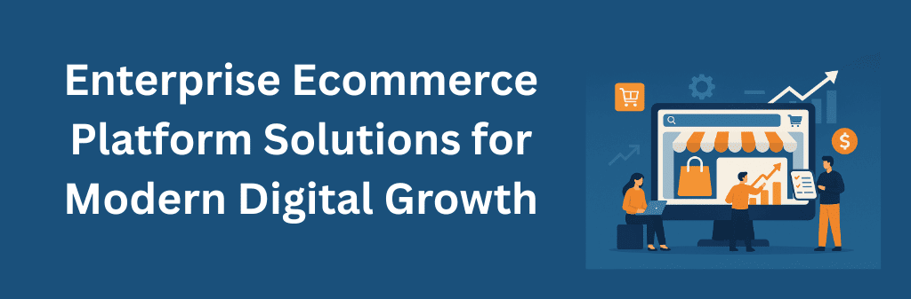 Illustration of an enterprise ecommerce platform interface displayed on a large screen, surrounded by professionals working on digital growth, with icons of online shopping, analytics, and finance representing modern ecommerce solutions