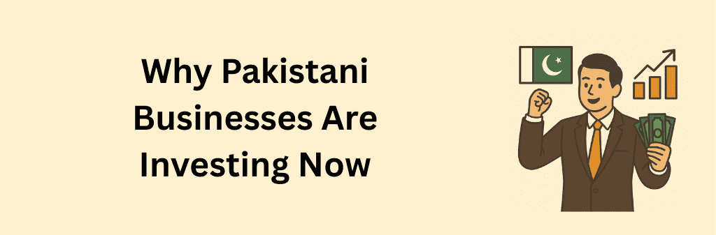 A flat-style illustration of a Pakistani businessman in a suit holding cash with one hand raised confidently, alongside a Pakistan flag and a rising bar chart, symbolizing national business growth and investment momentum