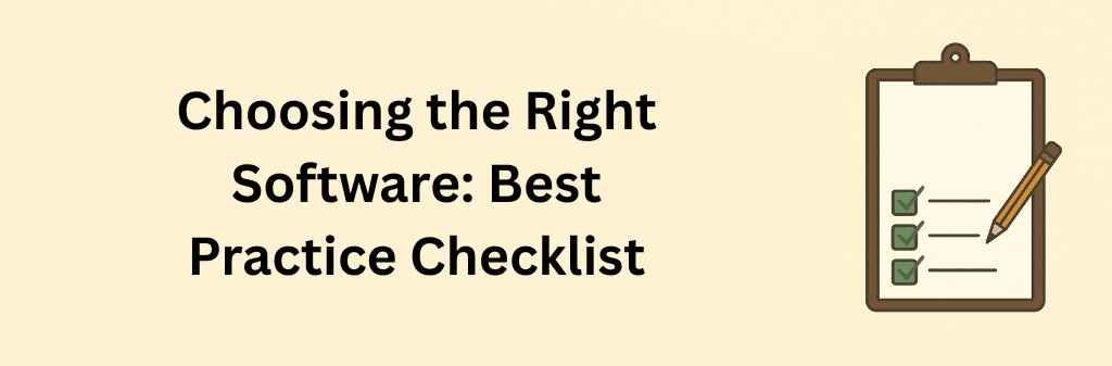 A flat-style illustration of a clipboard with green checkmarks on a checklist and an orange pencil resting diagonally, symbolizing software selection best practices on a clean beige background without any text