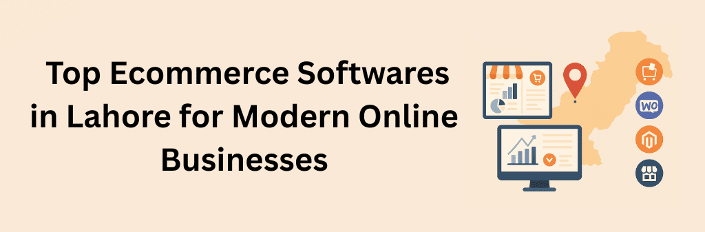 Minimalist beige poster with a Pakistan map and a red pin over Lahore. Title reads “Top Ecommerce Softwares in Lahore for Modern Online Businesses.” Two screens show analytics charts; along the right edge are generic ecommerce platform icons (cart, “WO,” box “M,” and store). Clean, modern, business-tech vibe