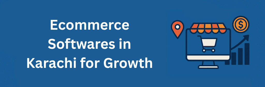 A blue ecommerce graphic showing a computer screen with a shopping cart icon, a location pin representing Karachi, a dollar sign symbol, and a rising bar chart with an upward arrow. The design highlights how businesses can grow in Karach