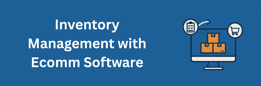 A blue inventory-themed illustration showing a computer screen with three stacked boxes, a checklist icon on the left, and a shopping cart icon on the right, connected by an arrow to represent streamlined inventory management