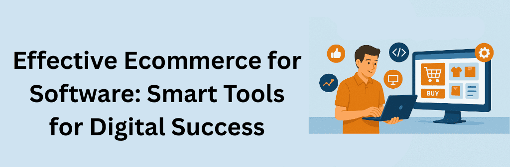 A modern flat-style illustration showing a laptop with eCommerce features like a shopping cart, checklists, analytics, and gear icons, surrounded by charts and email symbols, representing smart digital tools for effective eCommerce in software businesses
