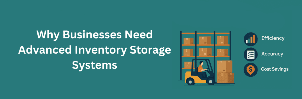 Forklift moving boxes in a warehouse with organized shelves and icons for efficiency, accuracy, and cost savings