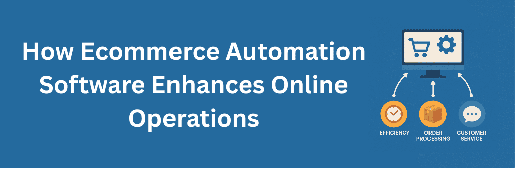 A blue digital infographic featuring a computer monitor with a shopping cart and gear icon. Three arrows point downward to icons showing efficiency (a clock), order processing (a shipping box), and customer service (a chat bubble), illustrating how automation improves online retail workflows