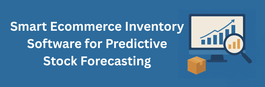 A blue flat-style illustration featuring a computer screen with an upward-trending bar graph that represents predictive stock forecasting. A magnifying glass highlights part of the chart, and a cardboard shipping box sits below to illustrate advanced inventory forecasting features