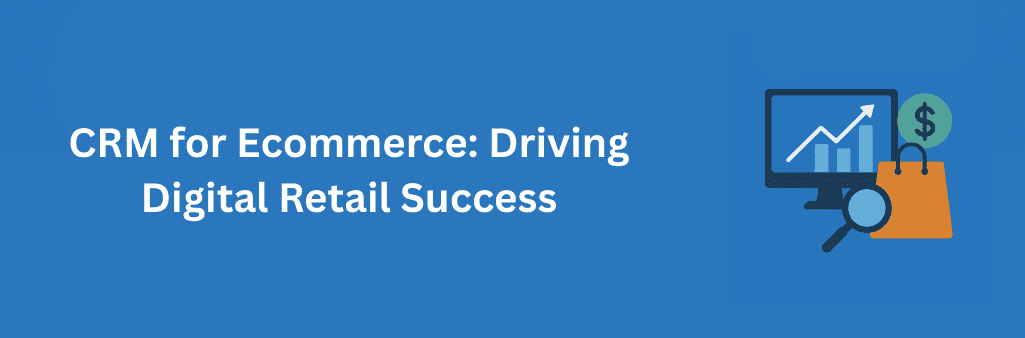 Flat design illustration with a computer showing growth chart, shopping bag, magnifying glass, and dollar sign icon on a blue background