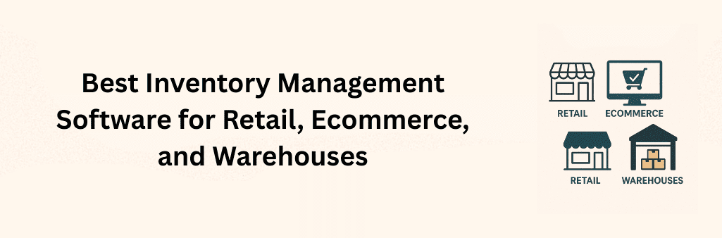 Icons for retail store, ecommerce screen, and warehouse with boxes representing best inventory management software for all sectors