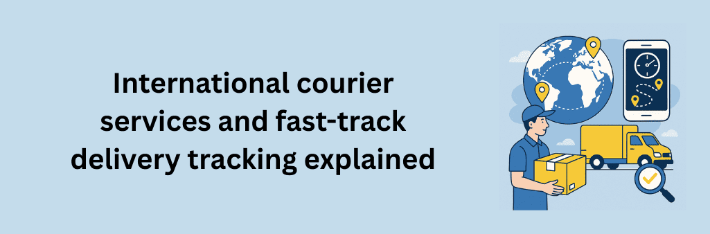 International Courier Services illustration showing a courier with a package, a delivery truck, a globe with location pins, and a smartphone displaying delivery tracking