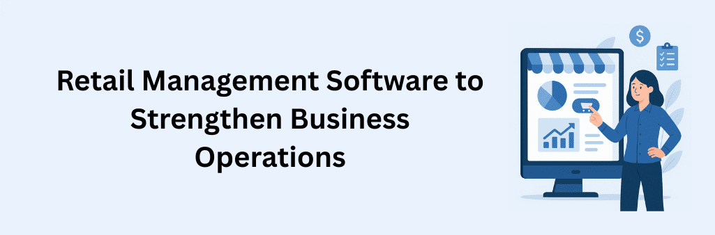 Illustration of a smiling woman pointing at a computer screen with charts, graphs, and a shopping cart symbol, representing retail management software